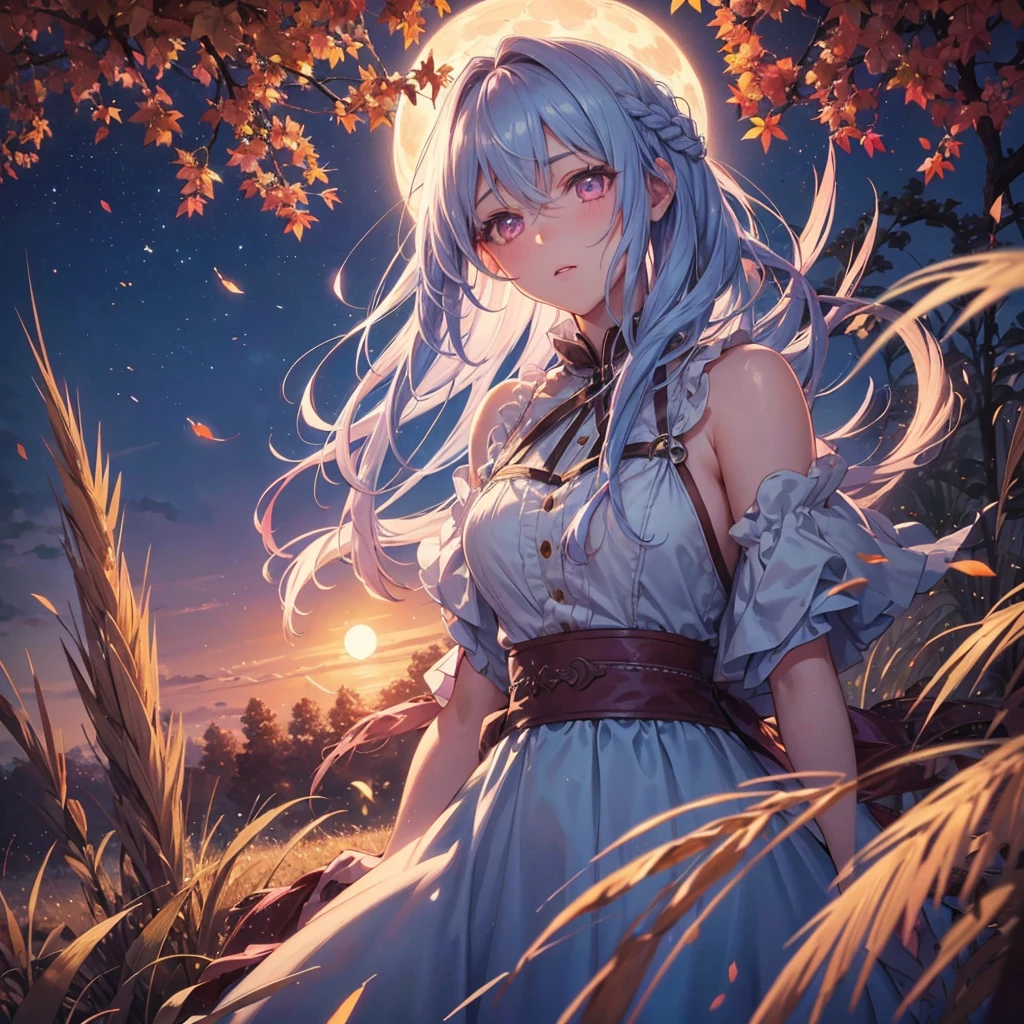 (Braiding hair),(Sky blue medium hair), (Pink eyes),(Fair skin) ,(whole body),(One Girl),(harvest moon),(A large amount of Miscanthus sinensis in the background),autumn,(full moon),(masterpiece, Highest quality, Very detailed, Best Shadow), (Detailed Background), (Beautifully detailed face), High Contrast, (Best lighting, Very delicate and beautiful), ((Cinematic Light)), Hyper Detail,8k, Dramatic Light, Intricate details,Autumn leaf viewing,