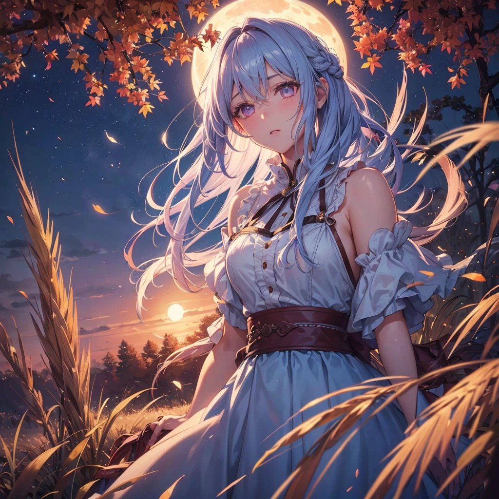 (Braiding hair),(Sky blue medium hair), (Pink eyes),(Fair skin)  ,(whole body),(One Girl),(harvest moon),(A large amount of Miscanthus sinensis in the background),autumn,(full moon),(masterpiece, Highest quality, Very detailed, Best Shadow), (Detailed Background), (Beautifully detailed face), High Contrast, (Best lighting, Very delicate and beautiful), ((Cinematic Light)), Hyper Detail,8k, Dramatic Light, Intricate details,Autumn leaf viewing,