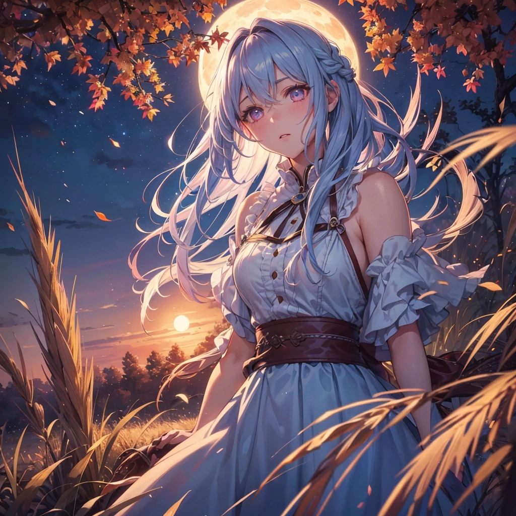 (Braiding hair),(Sky blue medium hair), (Pink eyes),(Fair skin)  ,(whole body),(One Girl),(harvest moon),(A large amount of Miscanthus sinensis in the background),autumn,(full moon),(masterpiece, Highest quality, Very detailed, Best Shadow), (Detailed Background), (Beautifully detailed face), High Contrast, (Best lighting, Very delicate and beautiful), ((Cinematic Light)), Hyper Detail,8k, Dramatic Light, Intricate details,Autumn leaf viewing,