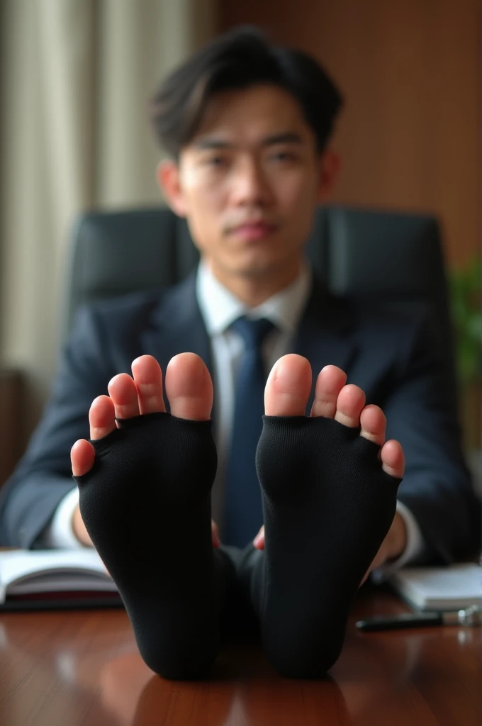 Handsome 25 years steward from Malaysia
Suit and tie
Bare feet
Feet on desk
5 toes each feet
He's ticklish
Black sock
Focus on his feet