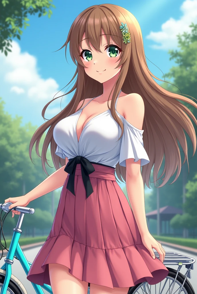 anime girl，university student，Big breasts，Smile，Long brown-blond hair,Green eyes, off shoulder white shirt，The shirt exposes the waist，There is a black ribbon around the exposed waist，pink long skirt，Beautiful anime art work，Anime style 4K, Anime Art Wallpaper 4k,University campuses，Light sky blue lady&#39;s bicycle