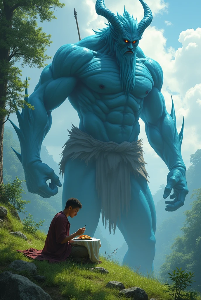 A young man is eating while sitting on a hill in the forest, eating food with both hands. 
The young man was wearing a long cloak and had a cap on his head. 
Above him stood a terrible jinn, the jinn had a stick in his hand. 
Jinn's skin color is blue, fire is coming out of his eyes. 
He had big eyes, body touching the sky. 
The jinn looked at the young man and spoke.