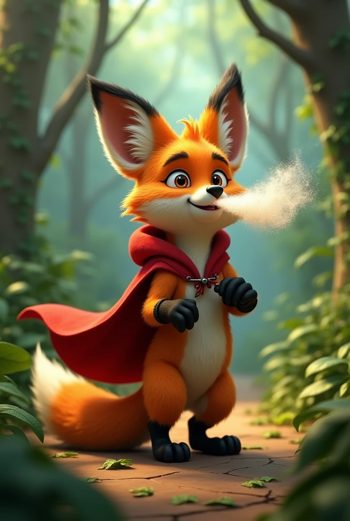 pixar style sideview of a 3D scary cute fox wearing a red cape and a red hoodie with realistic fur standing on its too feet, is blowing air from his mouth with a lot of exertion in the middle of a jungle. dynamic pose, Suitable for 3 little pigs children fairytale.