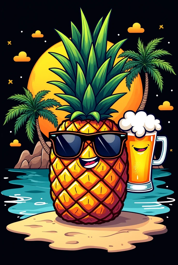 Make a t-shirt print with a pineapple with glasses and an animated beer with some phrases in the background with a black background in the beach style with more things 