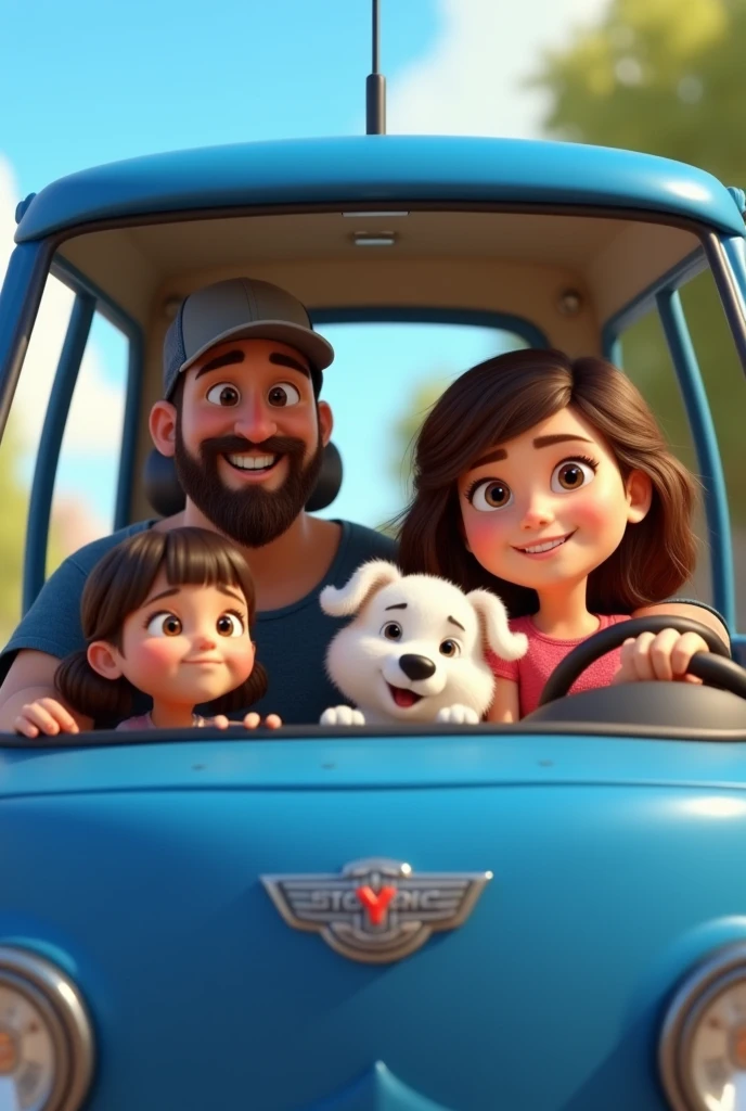 Animated image Man with cap and short beard and a woman , a big girl and a girl. and a small white dog , in a blue Sandero stepway car