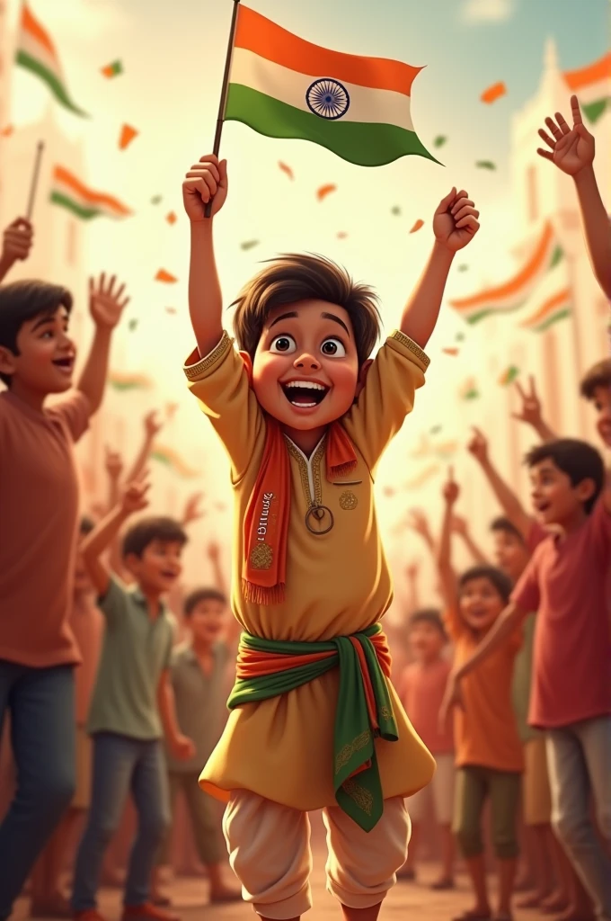 A real 10_year-old boy joyfully celebrates Indian Independence Day. He is wearing traditional Indian outfits with the name "Ajay" written on his attire. Above him, in the sky, the words "Happy Independence Day" are displayed in a bold font. The backdrop is filled with people celebrating, enhancing the festive and patriotic spirit of the day.