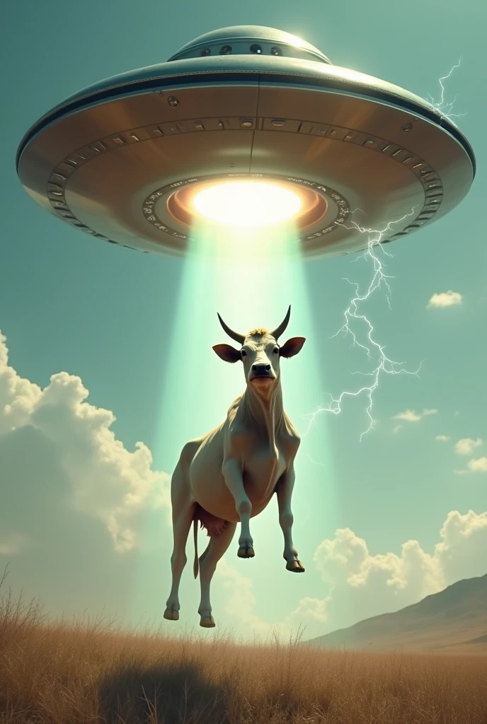 Alien ship abducting a cow that is already high up, just the cow and the ship