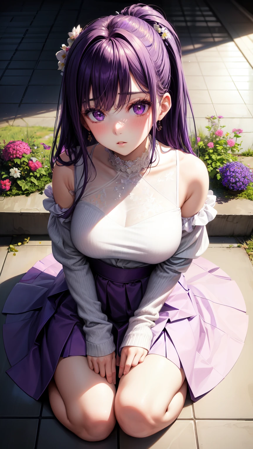 realisitic, 1 girl, purple hair, purples eyes, glare eyes, top cut, overskirt, parted lips, blush, natta, flowers, floor, floorlight,