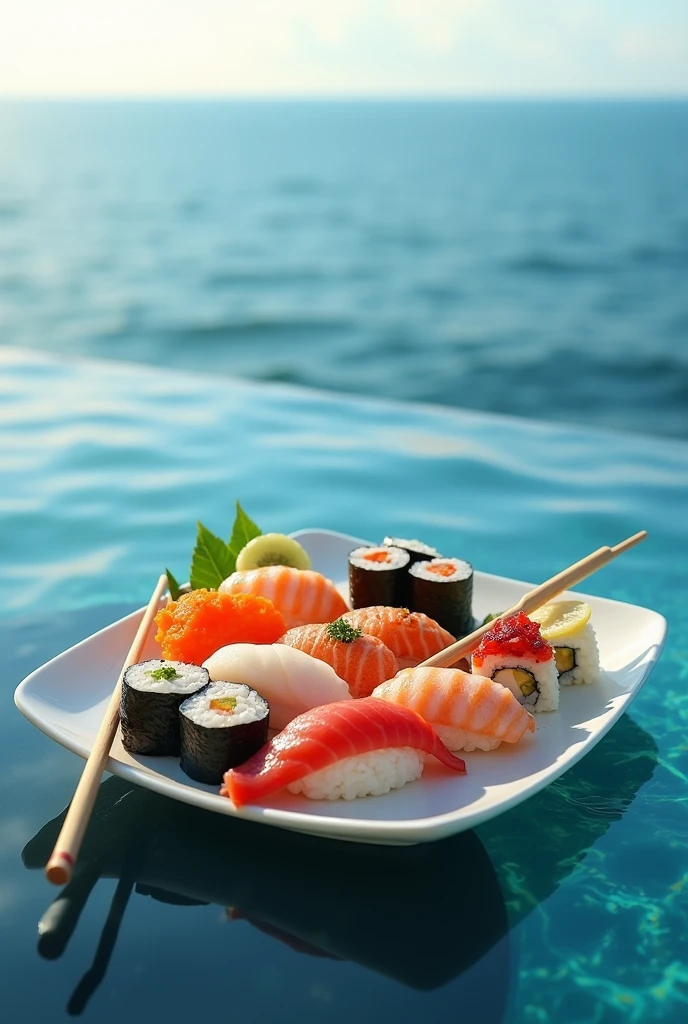 (photorealism: 1.2), realistic photo of a sushi with chopsticks placed at the edge of an infinity pool overlooking the ocean