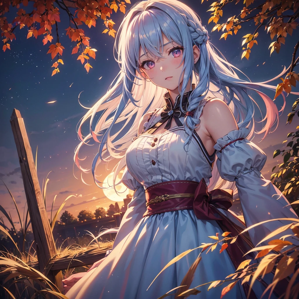(Braiding hair),(Sky blue medium hair), (Pink eyes),(Fair skin) ,(whole body),(One Girl),(harvest moon),(A large amount of Miscanthus sinensis in the background),autumn,(full moon),(masterpiece, Highest quality, Very detailed, Best Shadow), (Detailed Background), (Beautifully detailed face), High Contrast, (Best lighting, Very delicate and beautiful), ((Cinematic Light)), Hyper Detail,8k, Dramatic Light, Intricate details,Autumn leaf viewing,