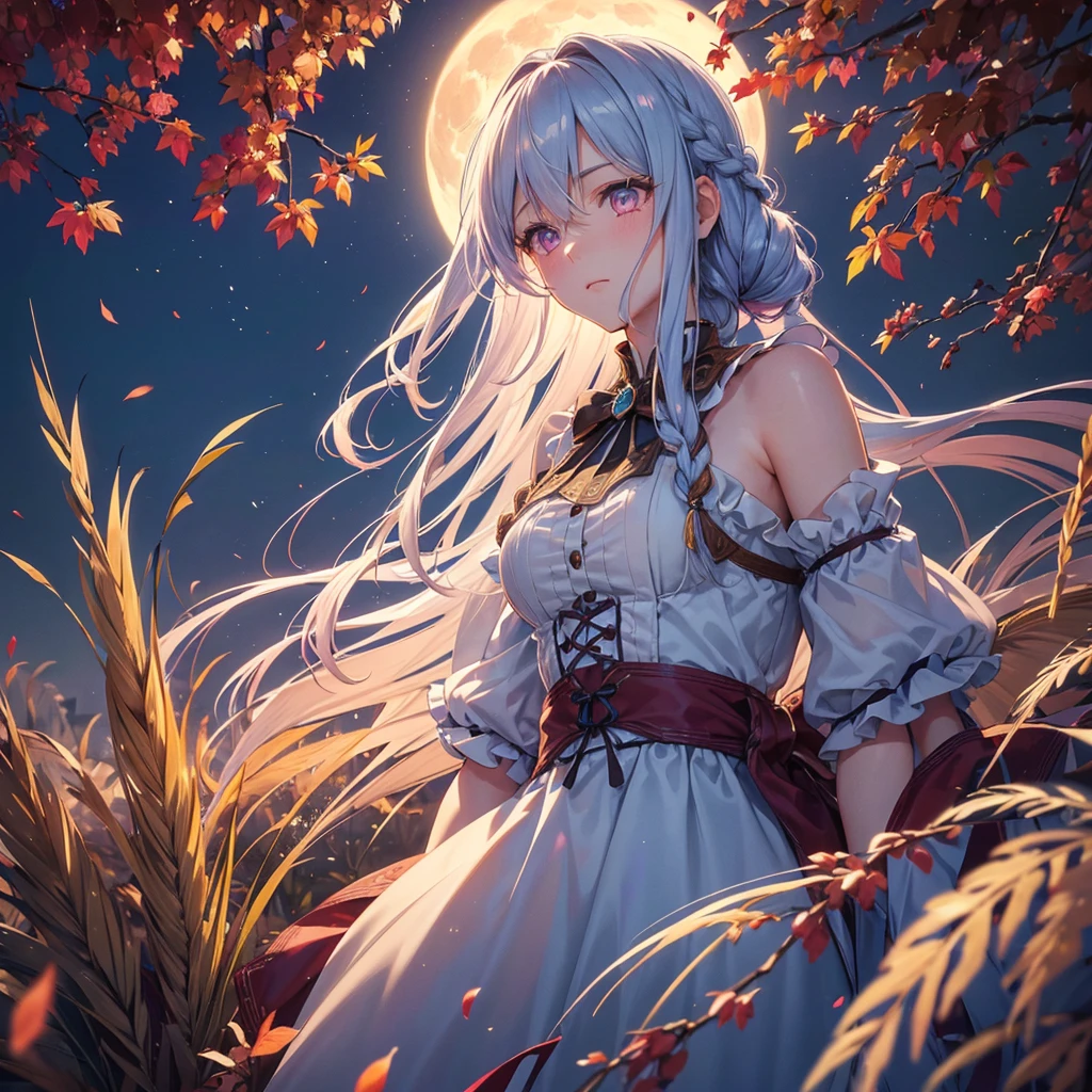 (Braiding hair),(Sky blue medium hair), (Pink eyes),(Fair skin) ,(whole body),(One Girl),(harvest moon),(A large amount of Miscanthus sinensis in the background),autumn,(full moon),(masterpiece, Highest quality, Very detailed, Best Shadow), (Detailed Background), (Beautifully detailed face), High Contrast, (Best lighting, Very delicate and beautiful), ((Cinematic Light)), Hyper Detail,8k, Dramatic Light, Intricate details,Autumn leaf viewing,