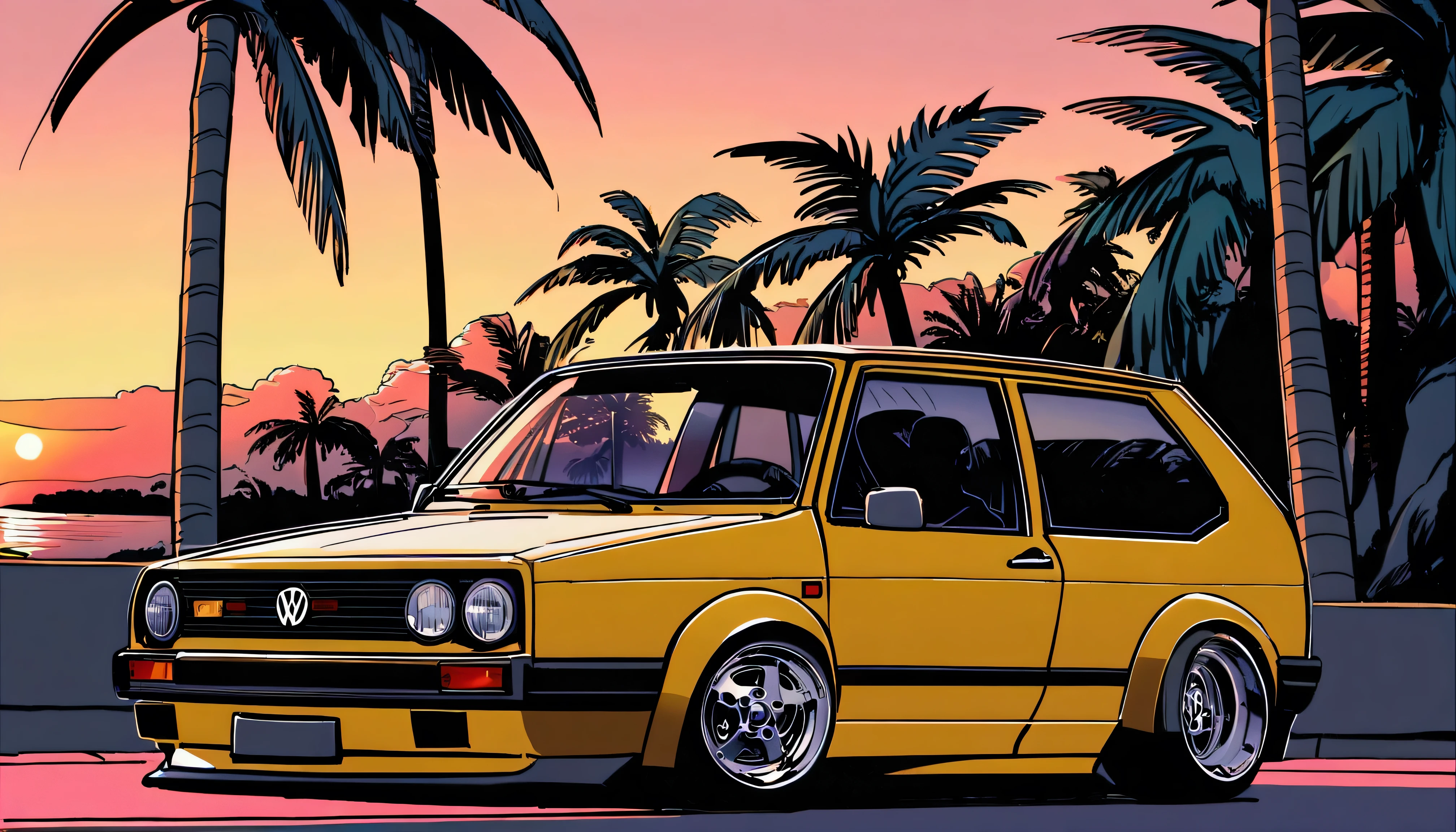 ((ＴShirt Design)), 1983 Volkswagen Golf GTI, Sunset background, Palm tree, Layers with 5 colors, Corner of the street, Berek's drum, Plethean, 