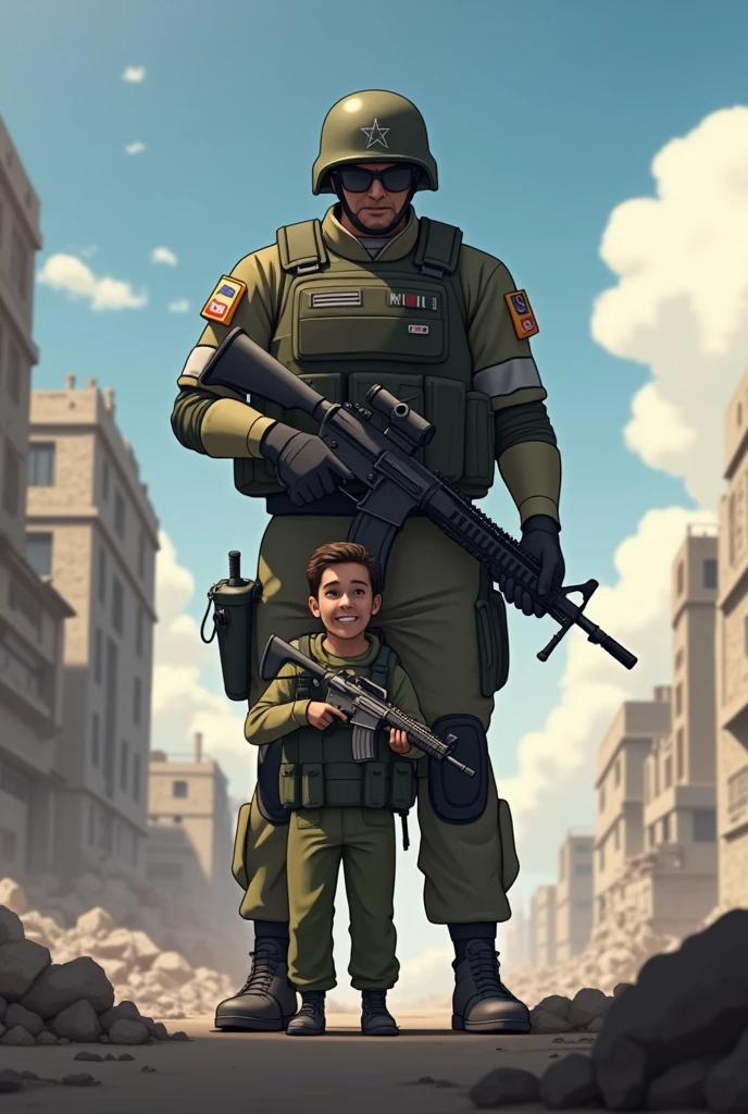 Give me an animated image about the war between Israel and Gaza ,where Israel is superior by an example of two people 