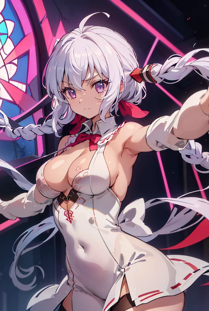 ((masterpiece)), ((Best quality)), (high resolution), (illustration), (an extremely delicate and beautiful), (ultra detailed beautiful face and eyes), nsfw, 1girl, leaning forward, YukineChris, long hair, purple eyes, twintails, low twintails, ahoge, large breasts, fishnet pantyhose, red a bow tie, volumetric lightning, detailed skin texture, detailed, volumetric shadow, anime screencap,Highest quality, Sorceress, ancient babylonian nobility, ((tan skin:1.2)), (brown skin color),Long hair, twin braids, hair ornament, wine colored hair, smile, Below average size breasts, bare shoulders, (underboob:0 Raise your legs vertically、Ready your gun?、Stretching arms forward to accentuate cleavage 8K, masterpiece, Best_quality, high_resolution, ultra_details, detailed, 1girl, 独奏, looking_at_viewer, upper_body, indoors, braid, blurry, bangs, white_hair, blurry_background, collared_shirt, church, hair_ribbon, hair_between_eyes, stained_Glass,sidelocks, depth_of_field, light_particles, window, french_braid, Alphonse Mucha Style, sharp focus, perfect hands, perfect face, perfect eyes, perfect light, dynamic light, natural light, Masterpiece, Best quality, red dress