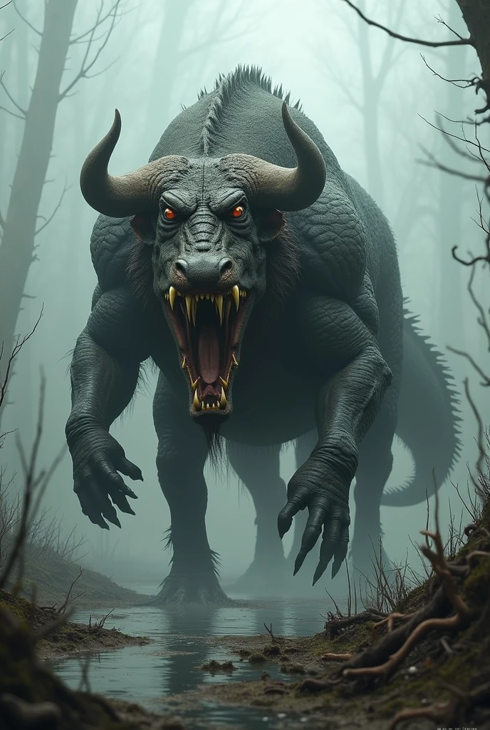 "Create a frightening hybrid of an alligator and a buffalo in a desolate, swampy environment. The creature should merge the powerful, armored body of an alligator with the massive, muscular frame of a buffalo, emphasizing its dangerous and intimidating nature. Focus on its menacing features, like sharp teeth, horns, and a predatory stance. The setting should be murky and foreboding, enhancing the creature's terrifying presence."