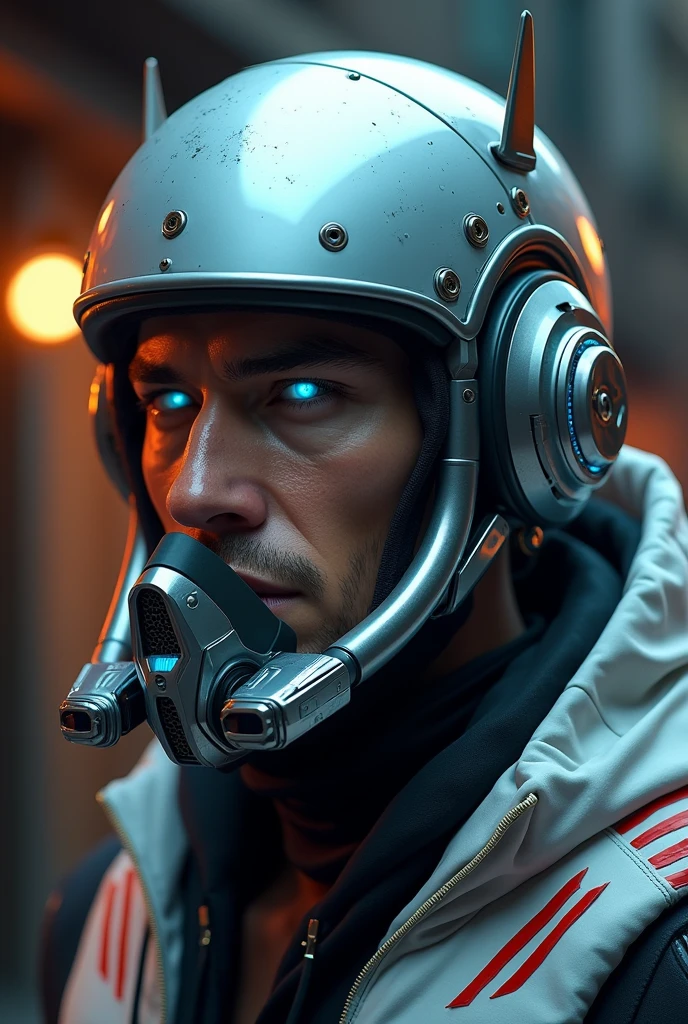a detailed portrait of a handsome man, beautiful detailed eyes, beautiful detailed lips, extremely detailed eyes and face1 man shoot half body. Full body shoot. , silver motorcycle helmet, snorkeling mask, portrait halfbody shoot. Silver two pipe tube from mouth to head. Future design.. high tech. Wear google safety eyes glowing blue. The tube connect from head to mouth. Future headphone design blue led light detail. Starlord helmet design concepts. Very detail . High tech costume. Marvel. T shape on the helmet. Small scratches on the helmet. The blue visor honeycomb style concept. T shape spoiler antenna on the helmet, nose and mouth covered by mask metal. Wear cyberpunk hoodie spike shape red stripe. . In led speed of light., perfect skin, dramatic lighting, cinematic, chiaroscuro lighting, dramatic shadows, oil painting, warm colors, muted colors, high contrast, photorealistic, 8k, best quality, masterpiece