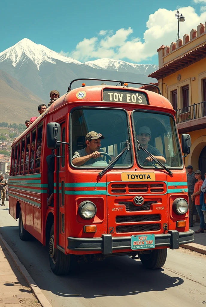 Red Toyota bus with blue and green side stripes driven by a sloppy guy with a cap and full of passengers in La Paz, Bolivia