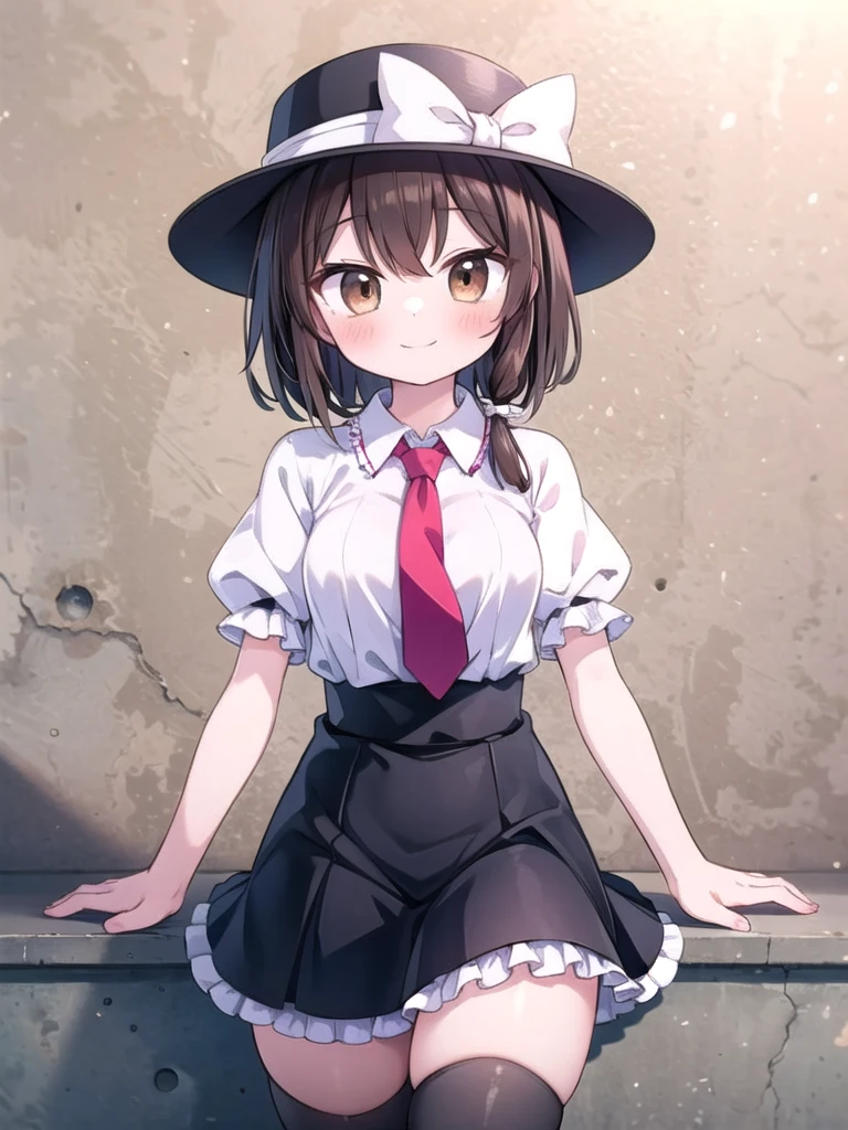 1girl, masterpiece, best quality, perfect hands, smile, blush, closed mouth, brown eyes, black thighhighs, zettai ryouiki, black skirt, frills, puffy short sleeves, black hat with white ribbon, black hat, white ribbon, usami renko, touhou, brown hair, short hair, miniskirt, white shirt, red necktie, single braid