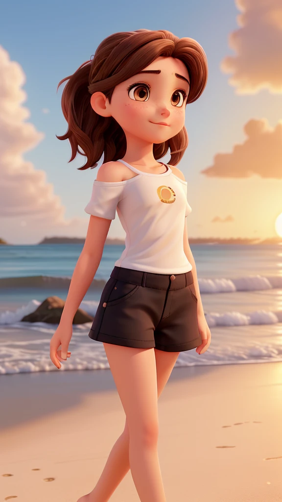 1girl, brown hair, brown eyes, hair up, crescent hair ornament, small breasts, bare shoulders, white t-shirt, sleeves, black shorts, walking on the beach, waves, palm trees, clouds, sunset, twilight