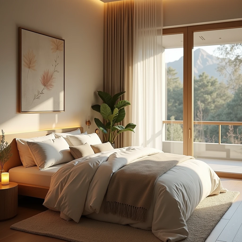 A tranquil bedroom designed for ultimate relaxation and sleep. The room features a large, comfortable bed with a plush mattress, soft, high-quality linens, and an abundance of cozy pillows. The lighting is soft and warm, provided by a bedside lamp or gentle overhead lights, creating a soothing glow. The room’s decor is minimalist and calming, with neutral colors and natural textures. Large windows might be draped with flowing curtains that softly diffuse the light. The space is quiet and serene, with a few gentle touches like a soft rug, a small nightstand with a calming candle, or a soothing plant. The overall atmosphere is peaceful and inviting, perfect for a restful night´s sleep