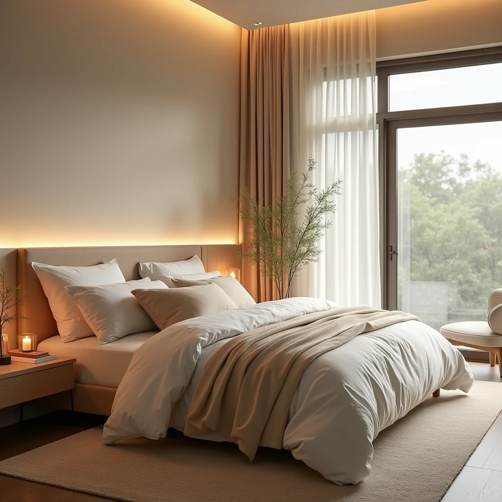 A tranquil bedroom designed for ultimate relaxation and sleep. The room features a large, comfortable bed with a plush mattress, soft, high-quality linens, and an abundance of cozy pillows. The lighting is soft and warm, provided by a bedside lamp or gentle overhead lights, creating a soothing glow. The room’s decor is minimalist and calming, with neutral colors and natural textures. Large windows might be draped with flowing curtains that softly diffuse the light. The space is quiet and serene, with a few gentle touches like a soft rug, a small nightstand with a calming candle, or a soothing plant. The overall atmosphere is peaceful and inviting, perfect for a restful night´s sleep