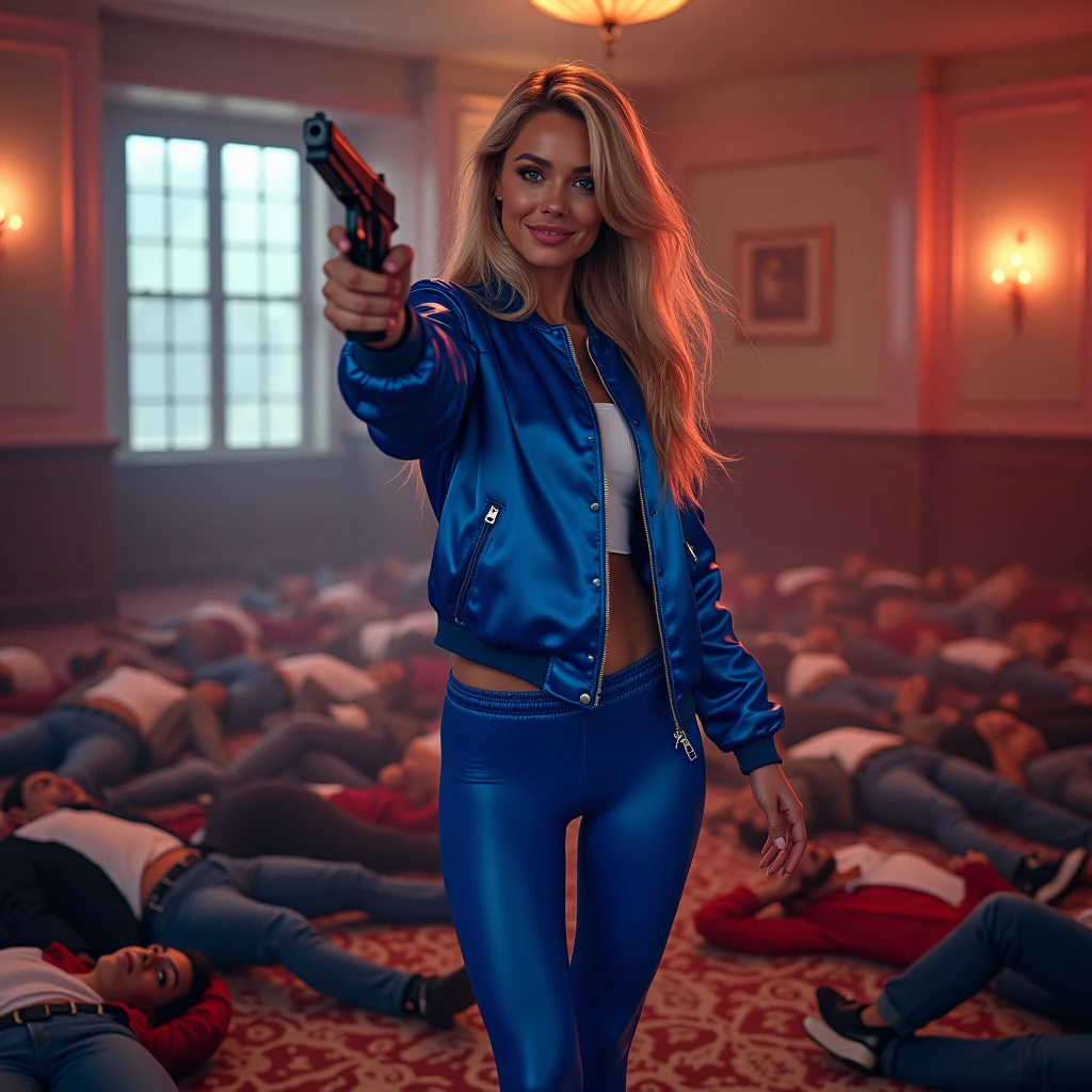 wide depth of field, wide depth of focus, f/11 lens setting, all objects in focus, full color image, woman holding pistol, holding a pistol, large fraternity house game room, full body image, (royal blue satin bomber jacket, leggings, ), woman posing with a pistol aimed at camera, long flowing hair, confidant smile, pure form, intricate details, 8K post-production, high resolution, super detailed, Popular topics on Artstation,, Studio photos, intricate details, Very detailed, she stands in the middle of the room and she is surrounded by a large pile of defeated men laying unconscious with closed eyes on the floor