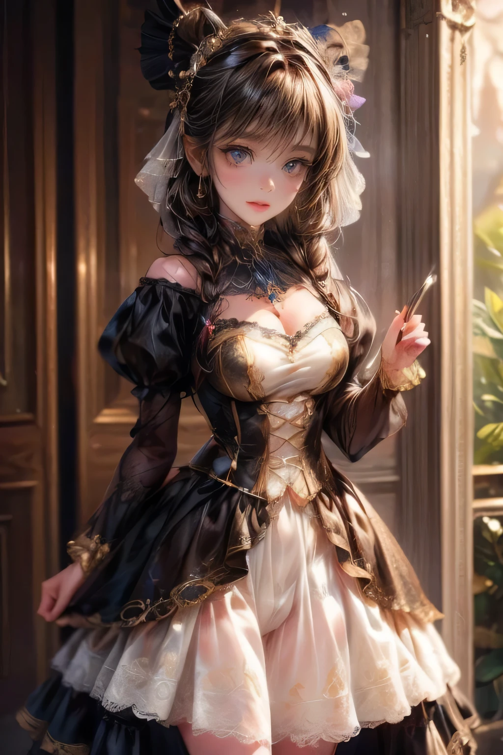 a beautiful cute girl in a surreal costume, intricate detailed dress, incredibly detailed face, beautiful detailed eyes, beautiful detailed lips, delicate skin, long eyelashes, confident pose, whimsical background, dreamlike atmosphere, vibrant colors, cinematic lighting, masterpiece, photorealistic, 8k, highly detailed