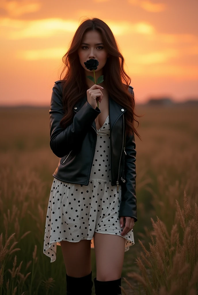 cinematic (solo) a 3 Asian woman, curvy body, long brown hair, wearing a black leather jacket, white polka dot dress, black boots, posing kissing a black rose, standing in the middle of tall grass, sunset, cinematic