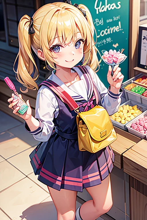 , blonde, short pigtails, sweets in both hands, cheerful, candy store, smile, happy