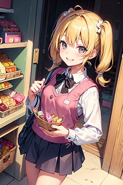 Elementary school student, blonde, short pigtails, sweets in both hands, cheerful, candy store, smile, happy