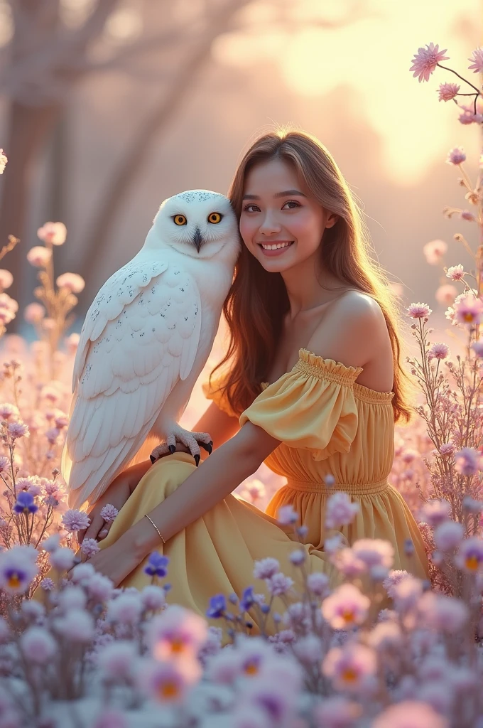 frosty freshness, crisp snow-white snow, beautiful woman smiling in light yellow & pink with her pet white owl, sitting in a pansies garden ,in light yellow-pink dawn,  pansies, white owl, gray transparent bells, thyme, cornflowers, feather grass, flower palace, silver lilac pebbles, ultra HD, improved quality, macro, professional photo,