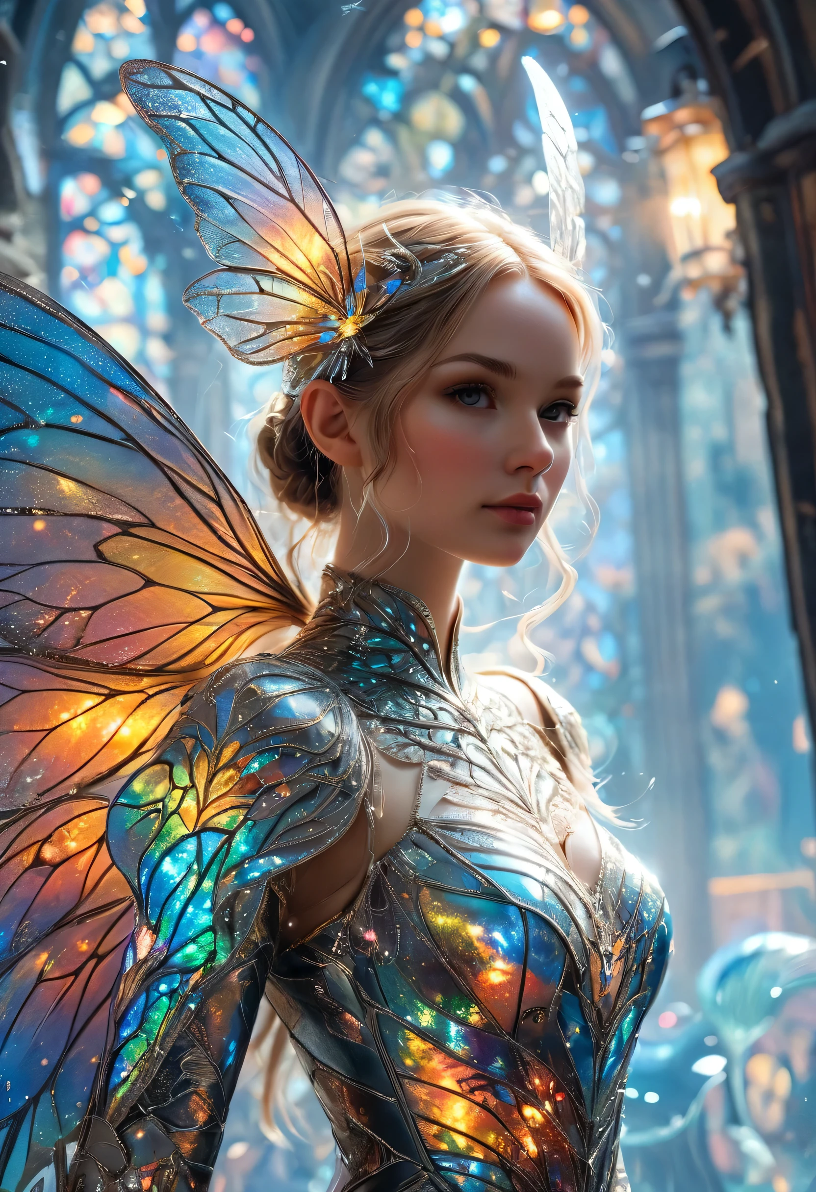 In a decaying metropolis, a retro-futuristic fairy shines in opulent, half-length grandeur. Imagine her in a detailed digital painting, her metallic wings reflecting neon lights in a mesmerizing display. Her delicate armor adorned with shimmering silver and gold, intricate circuitry patterns intertwined with delicate lace embroidery. The image exudes a sense of timeless elegance, capturing a seamless blend of past and future in a single captivating moment.