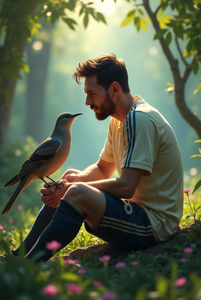Messi is sitting up a bird