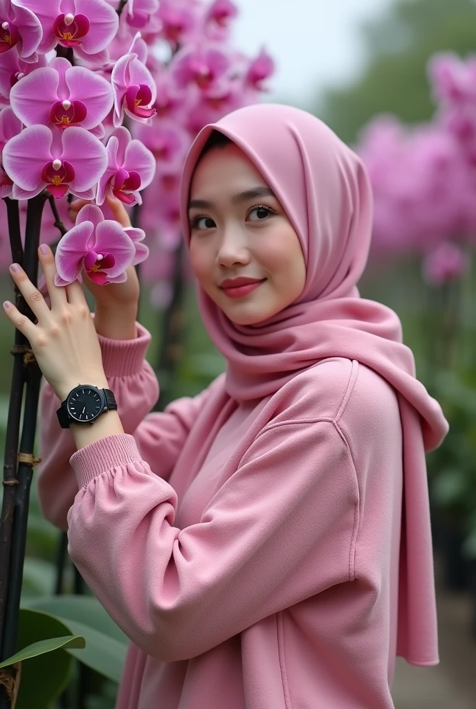 a beautiful Indonesian woman, smooth white skin, well-groomed face,wearing a pink fanta hijab, panjang, slow motion,wearing a pink fanta knitted hoodie, brand name (feel ) celana kargo hitam slow motion Banyak kantong nya,black watch, white shoes, posing standing next to pink orchid flowers,orange.red,purple, which flowers beautifully and thickly. The background of the beautiful orchid flower garden is very amazing .Realistic original photo 