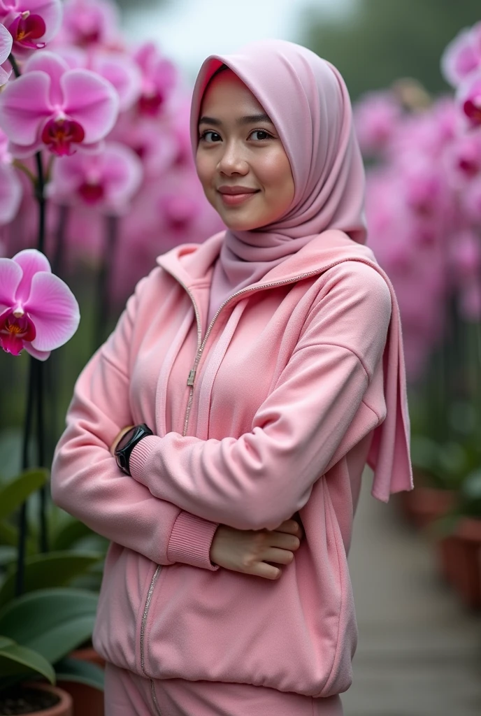 a beautiful Indonesian woman, smooth white skin, well-groomed face,wearing a white hijab in a modern style,wearing a red knitted hoodie. celana Cropped coklat ala kekininan Banyak kantong nya, smiled faintly,white shoes, posing standing next to a red orchid that is blooming beautifully and thickly. The background of the beautiful orchid flower garden is very amazing .Realistic original photo