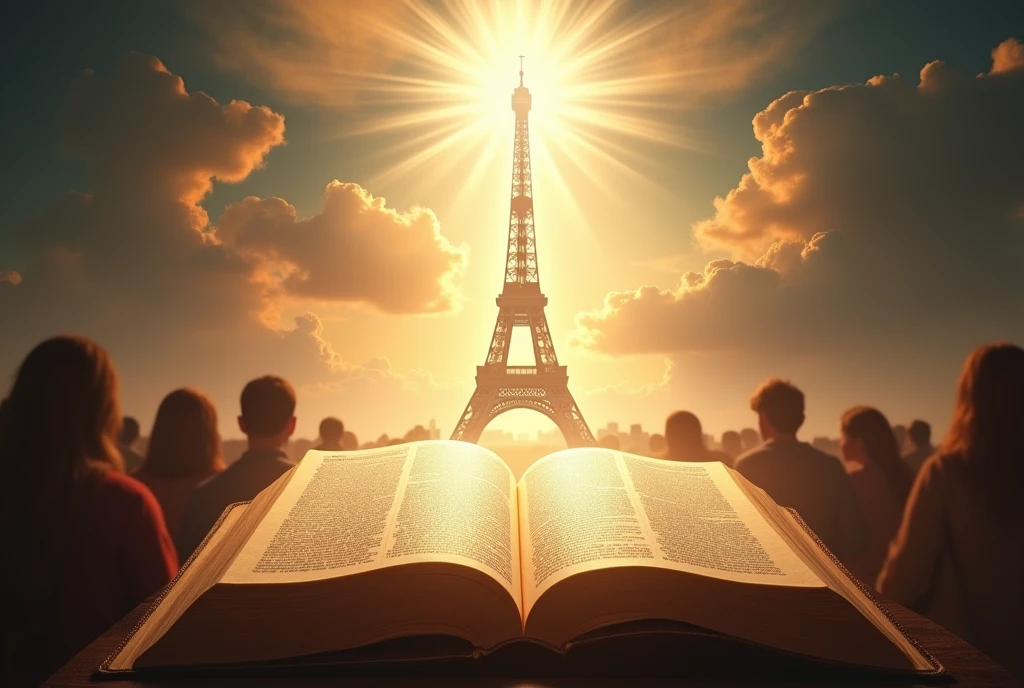 Bible open with divine light and background behind people TOWER OF FRANCE