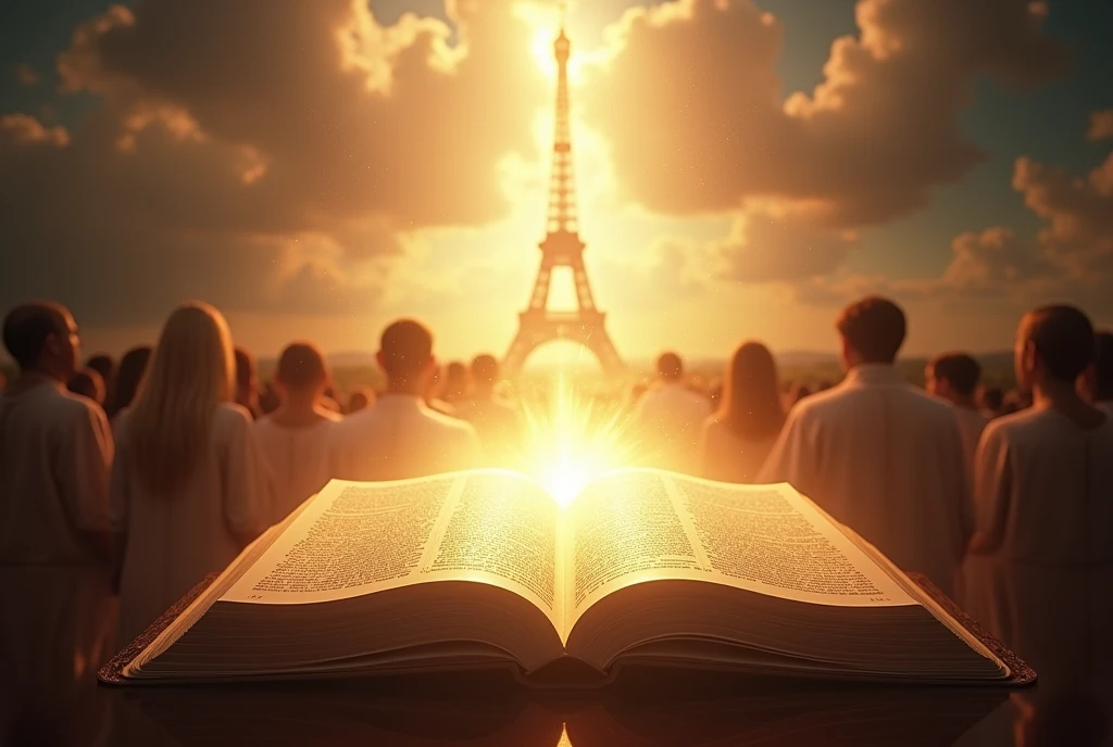 Bible open with divine light and background behind people TOWER OF FRANCE
