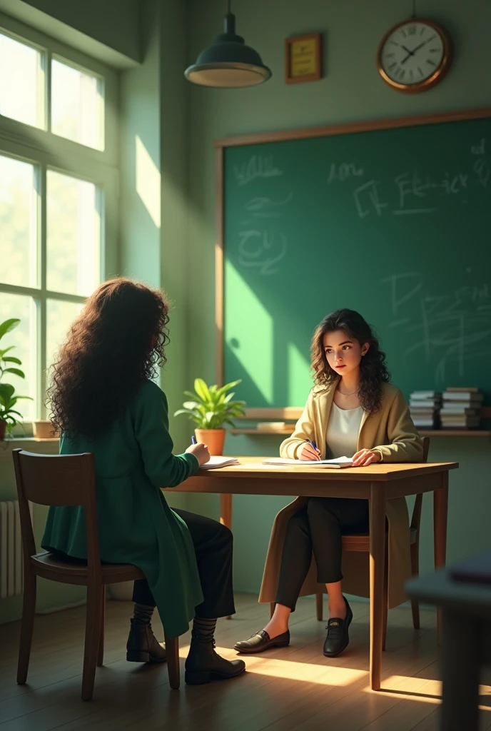 I want to create a posture. It should be realistic beautiful teacher teaching student , sitting on chair , wearing coat ,long curly hair, indoors, soft lighting, board in background, window with sunlight, cozy room, relaxed pose, realistic, intricate details, green colors, green template