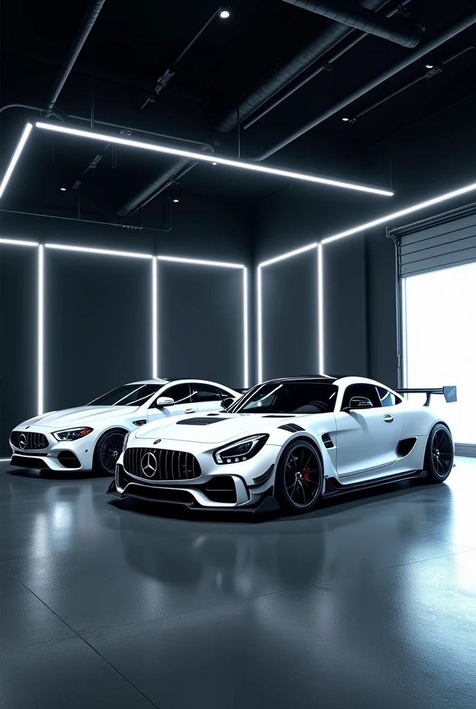 There is a white koenigsegg jesko and white Mercedes-benz E-class with white neon lights in black garage. Two cars should be clearly visible