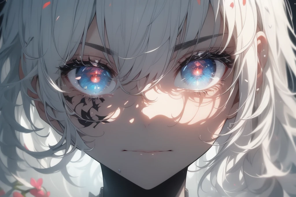 ((8k resolution))、((Highest quality))、((masterpiece))、((Very detailed))((((dramatic))), (((Rough feeling))), (((intense)))Focus on the face、tattoo、Clear Shadows、Vibrant, front,flower々background、Rich colors,Be confident,coil,scene,Boldness,to attract attention,Smart、tendency、I focus,Gray Hair,Short Bob