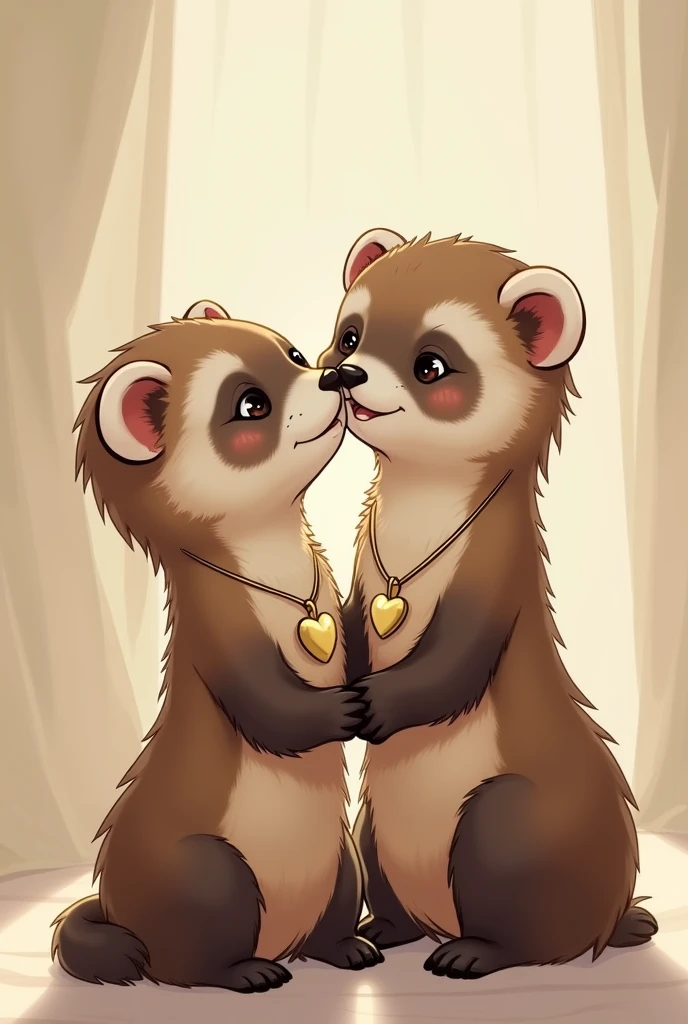 Two couple ferrets holding each other wearing couple necklace 