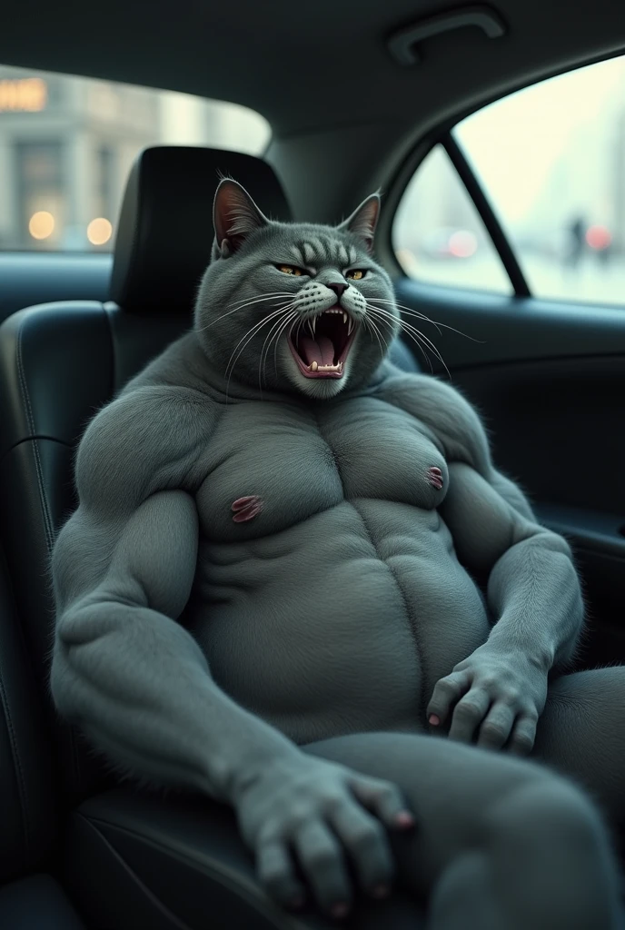 Adult Gray cat is muscular, he is like a human, his hands are like a human's. the cat in shock left the office and sat on the car inside