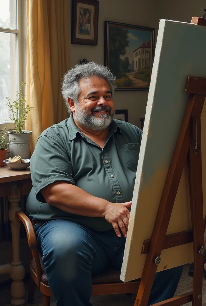 50 years old man, plumpness, sitting in a painting studio, PAINTING A PICTURE, Grinning. He is gray with very short curly hair and a beard.. slightly dark skin