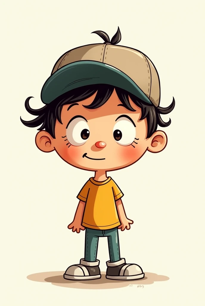 chat, using Diary of a Wimpy as a reference, Por favor, draw a picture of a boy wearing a cap, turned 180º with curly hair left over from the cap. make it more similar to the illustrations in diary of a wimpy kid