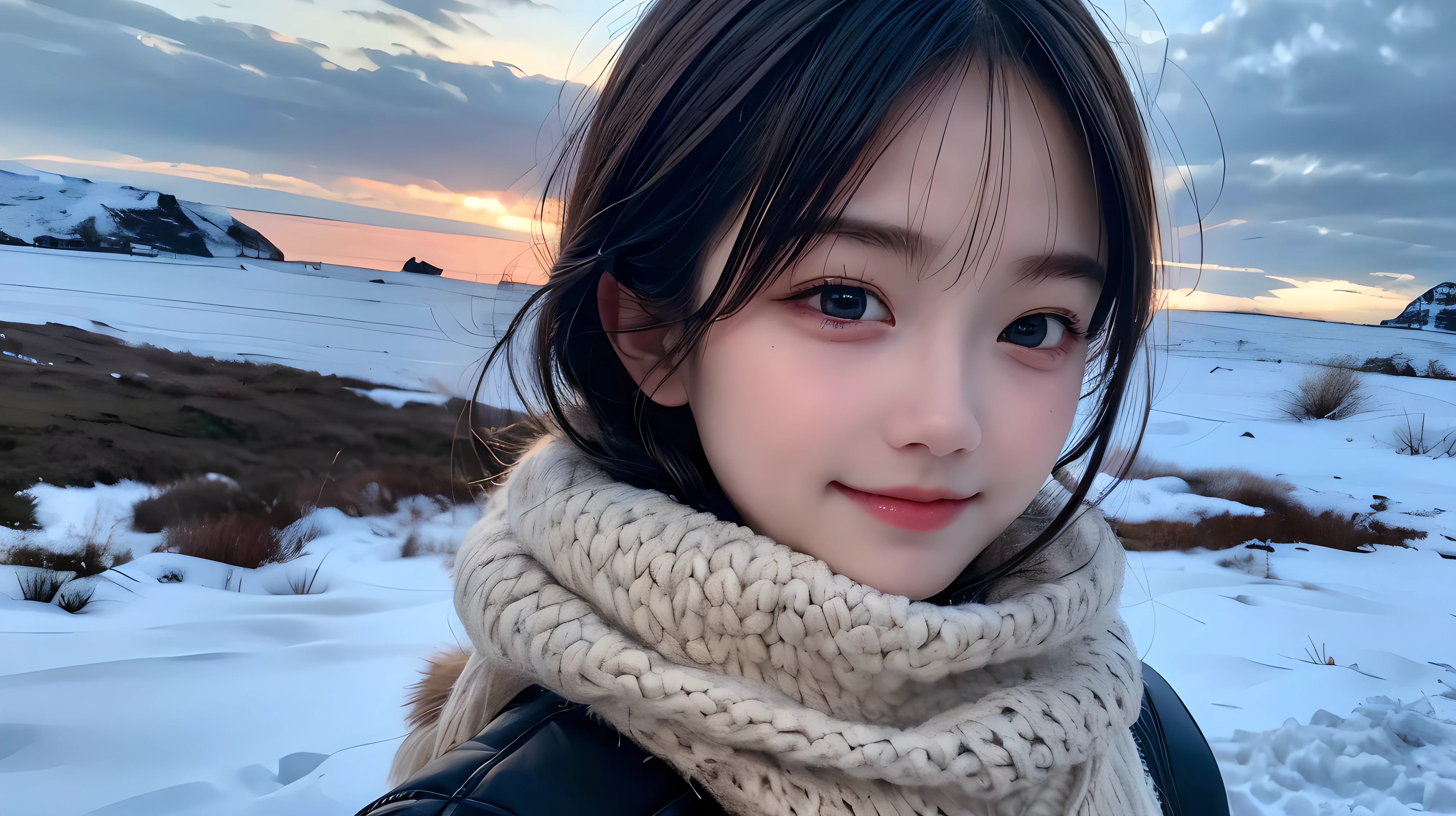 (Highest quality: 1.5), (masterpiece: 1.2), (Realistic: 1), 4K, (RAW Photos: 1.1), 1 person, Baby Face, 20-year-old, Looking at the audience, Black Hair, Icelandic, snow, ice, cold, Eskimo, Portraiture, winter, gloves, scarf, close your eyes, smile, cute, Upper Body, snow piled up, Wide Shot,