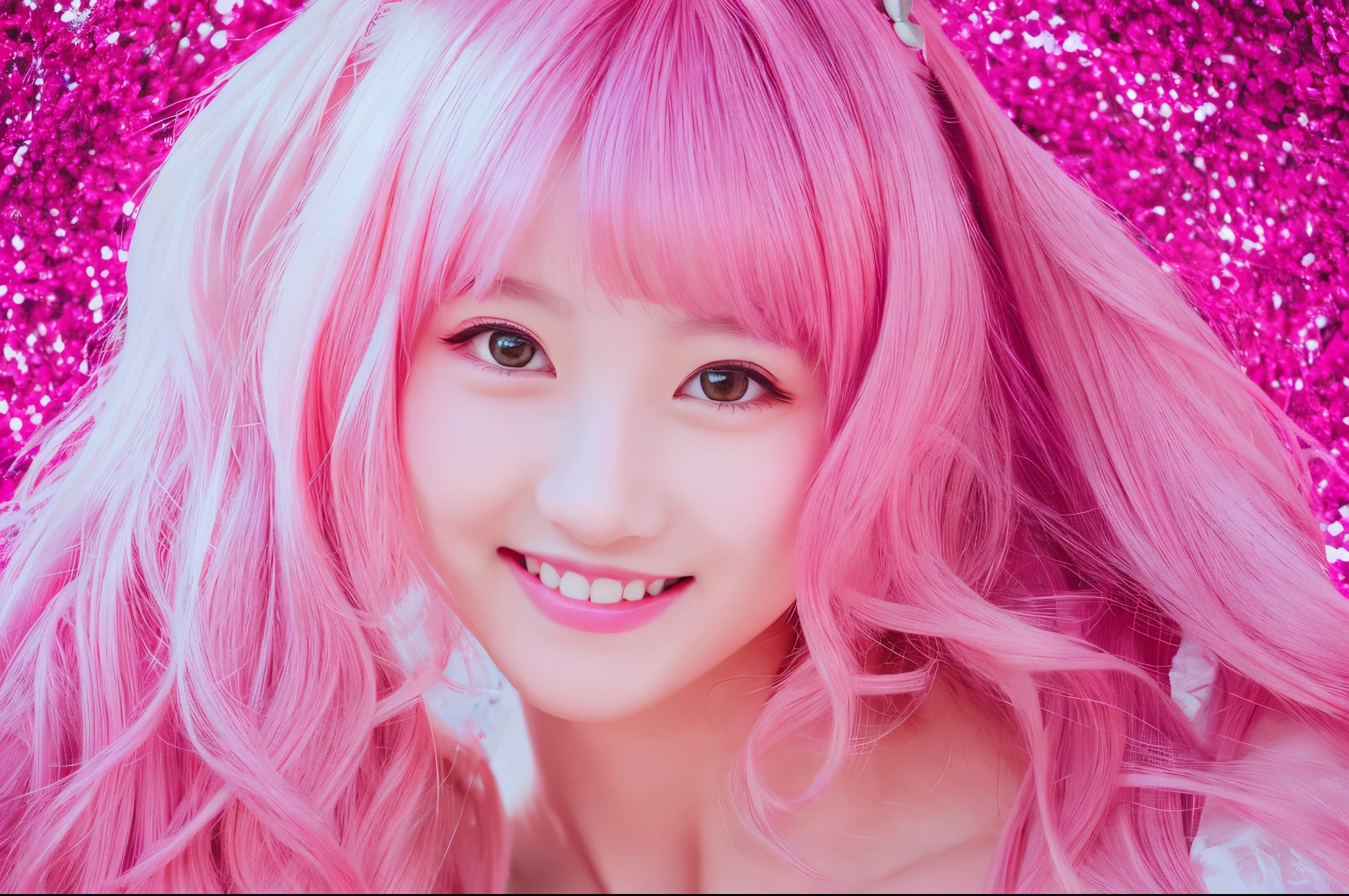 Highest quality　masterpiece　detailed　A super cute girl smiles and does a Pink Lady imitation　Photo style　Inspector Pepper　Fantasy