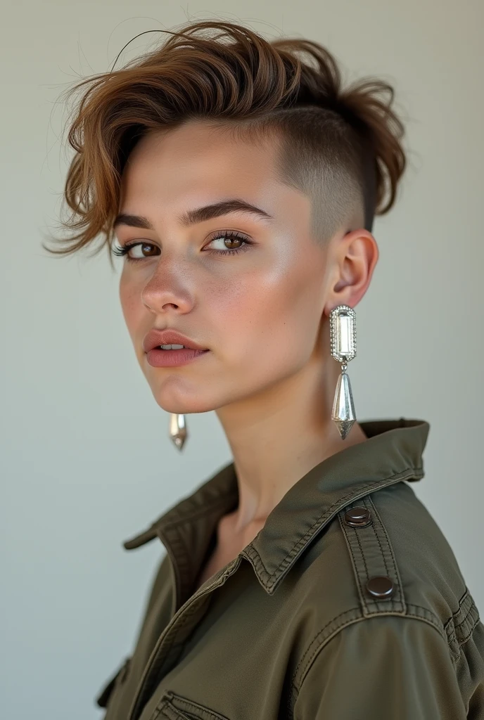 Make a short low fade brown hair, wear a white crystal earring and wear cargo pants