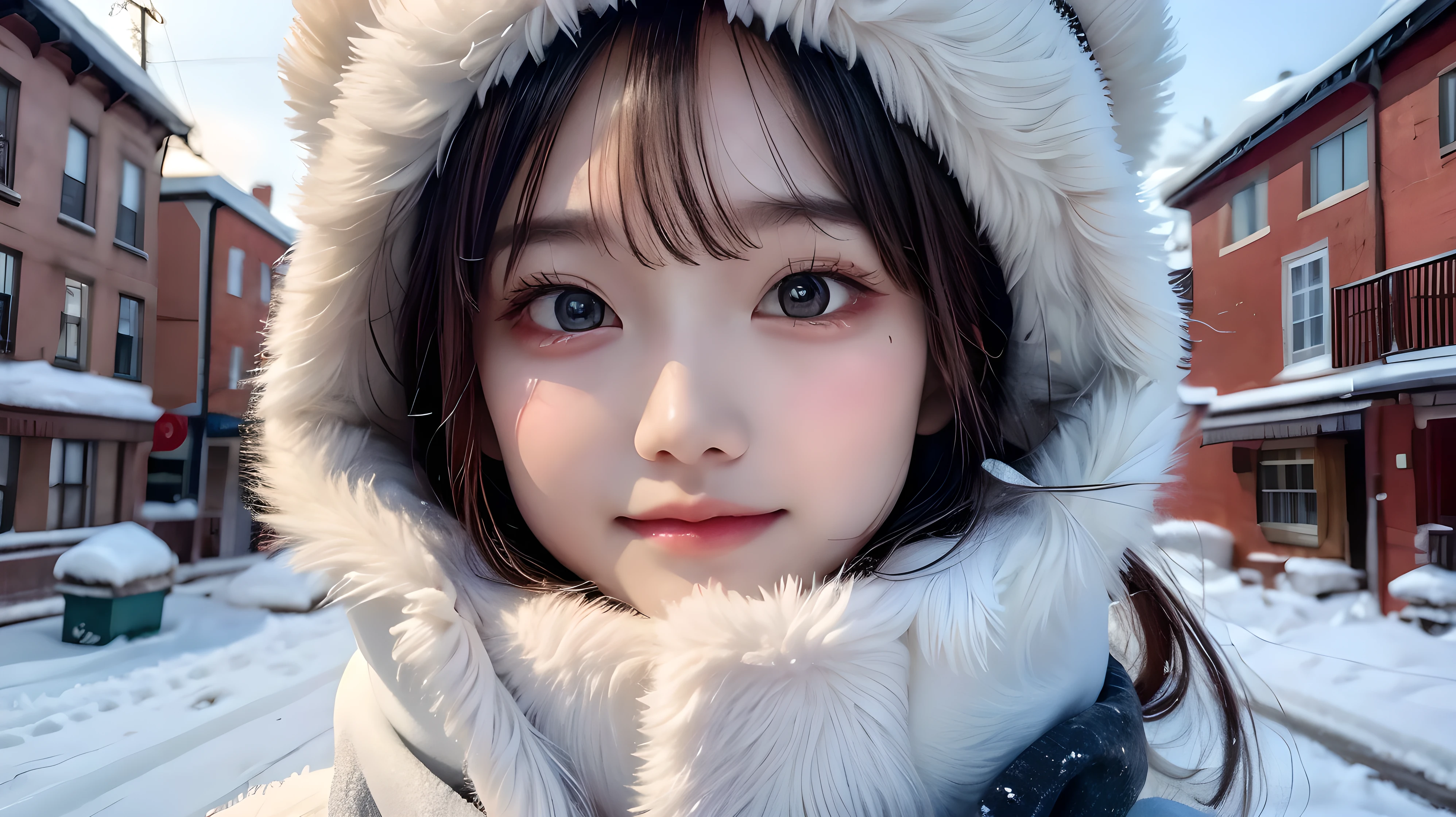 (Highest quality: 1.5), (masterpiece: 1.2), (Realistic: 1), 4K, (RAW Photos: 1.1), 1 person, Baby Face, 20-year-old, Looking at the audience, Black Hair, Icelandic, snow, ice, cold, Eskimo, Portraiture, winter, gloves, scarf, close your eyes, smile, cute, Upper Body, snow piled up, Wide Shot,