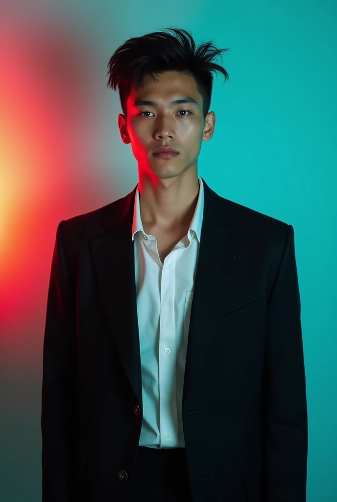 A young man with dark messy pomp hair with a oval face. He is dressed in a black blazer over a white shirt. The man is positioned against aqus colour backdrop with a subtle red lighting on the left side and he posing for girl.