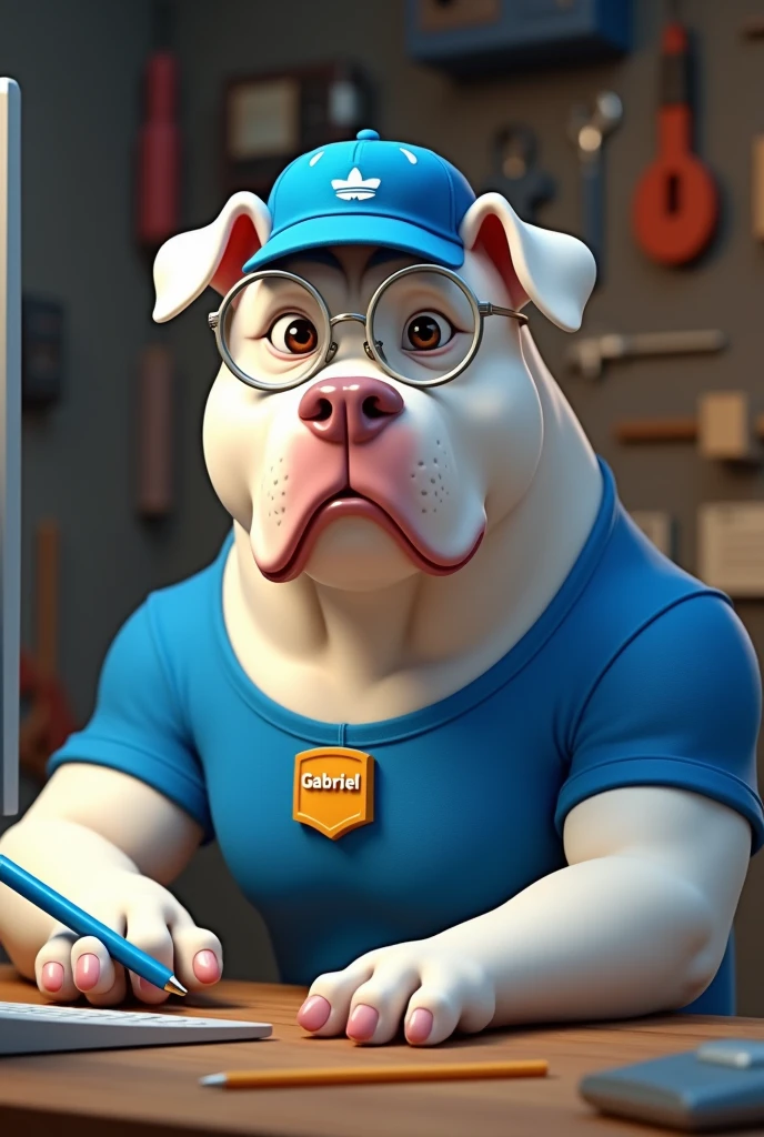 White muscular pitbull dog, Light brown eyes, transparent spectacles, blue cap, shirt blue, badge with name Gabriel, using computer, blue pen in the other hand. Tools in the background, 4K, Disney style.